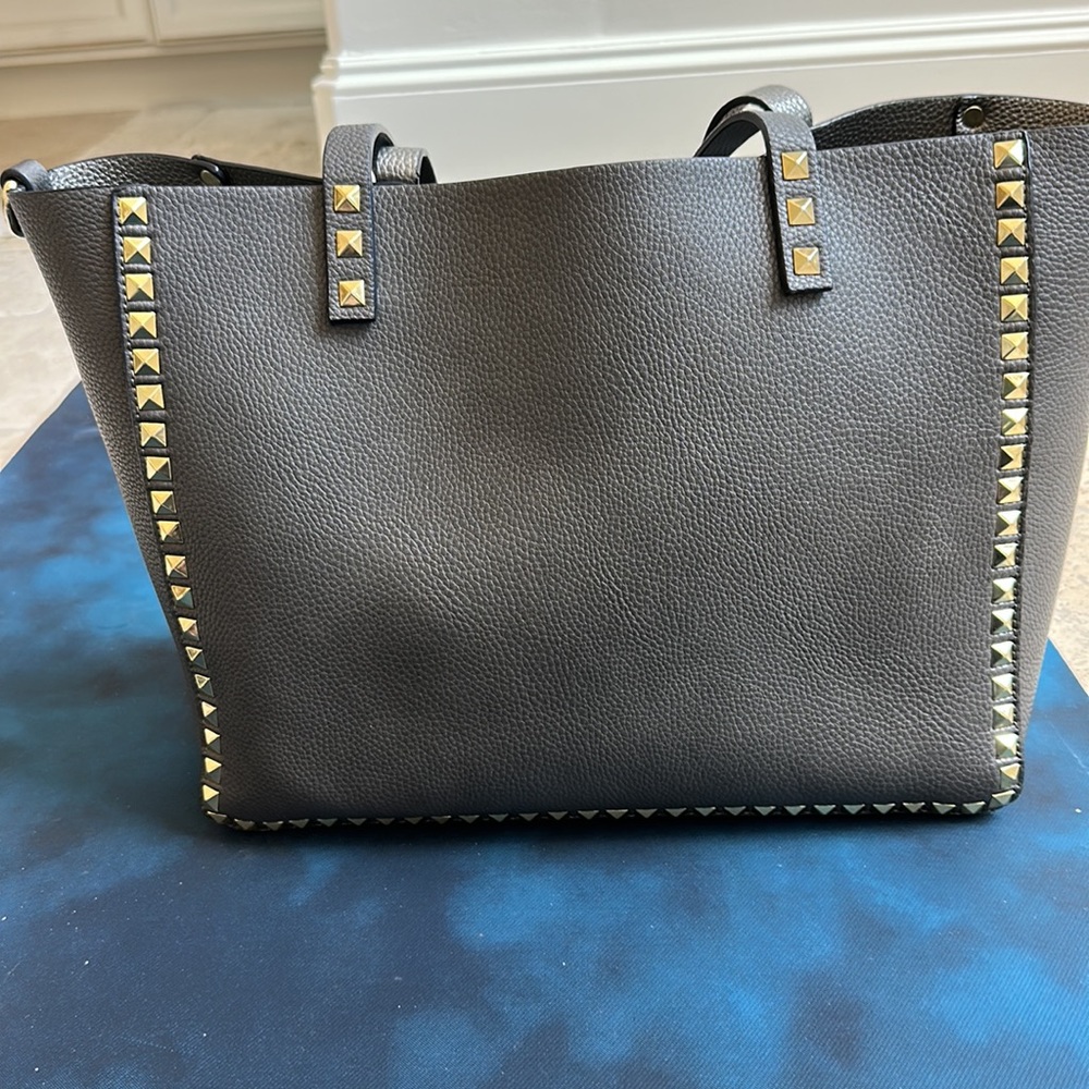 Gunmetal Grey tote trimmed with gold studs - please note handles